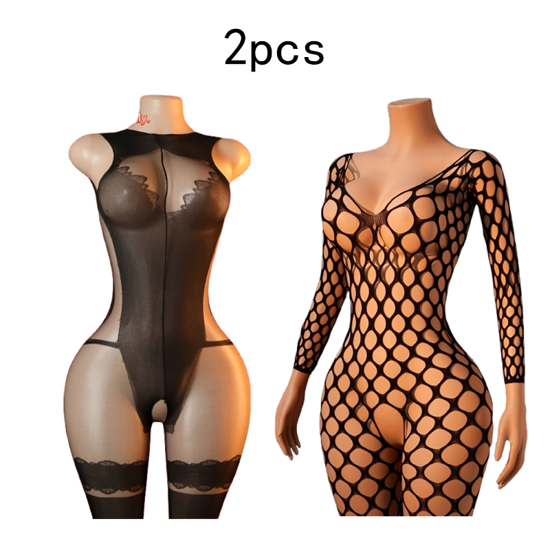Lingerie - 2er-Pack – Sexy Damen-Netz-Bodysuit-Dessous – Transparente,