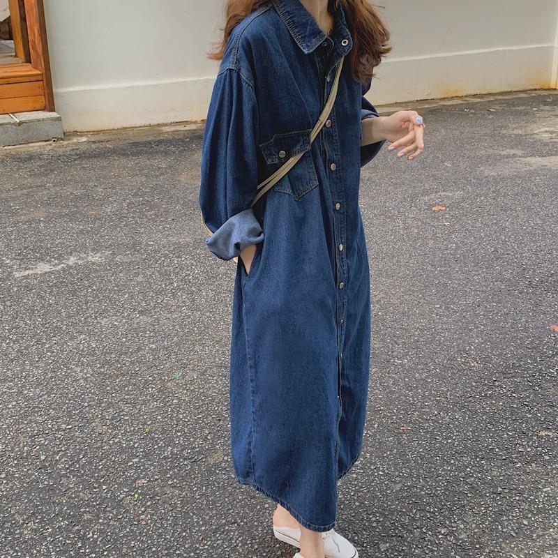 Korean Style A Line Shirt Dress - 2026 Neues Damen-Jeanshemdkleid mit Langen Ärmeln,
