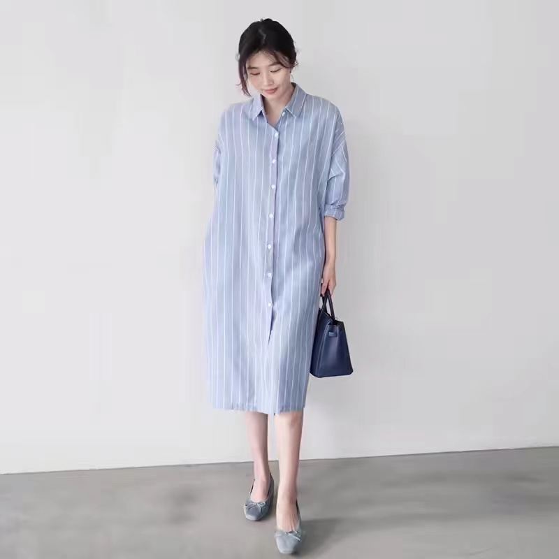Korean Style A Line Shirt Dress - Blau gestreiftes Hemdkleid für Damen –