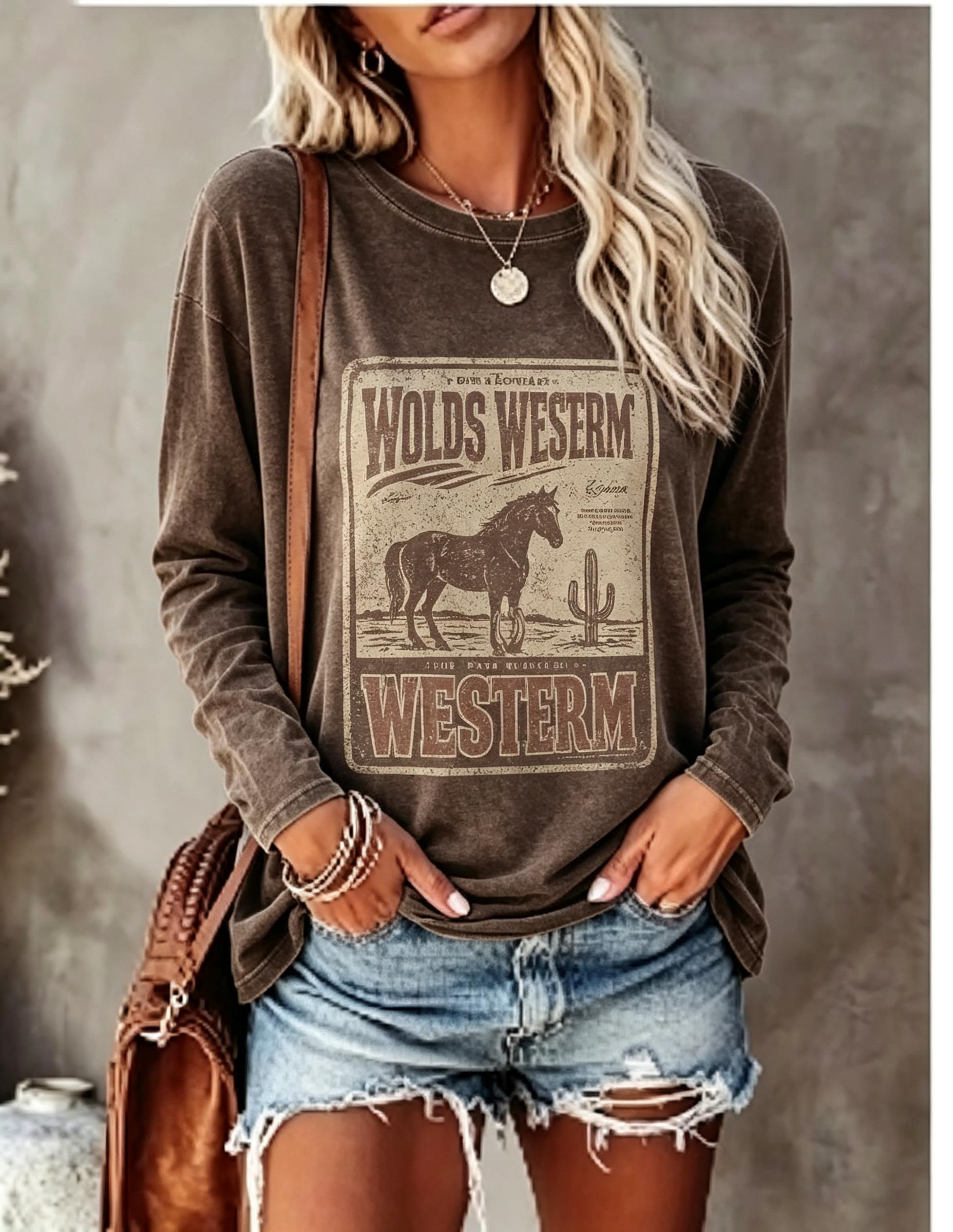Blouses - Damen-Langarm-T-Shirt, Vintage-Western-Pferd-Kaktus-Poster-Print, Rundhalsausschnitt, lässige Herbst-Oberteile