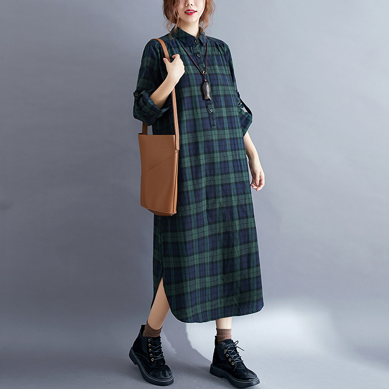 Lässiges kariertes Langarm-Hem – Korean Style A Line Shirt Dress Bewertung und Preis